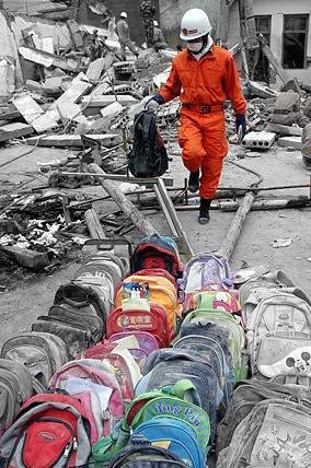 School bags gathered by rescuers after Sichuan earth quake in 2008